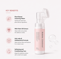 A pink and white Bubble Cleanser bottle with a clear nozzle applicator, shown next to key product benefits text on a clean white background.