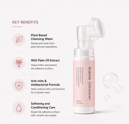 A pink and white Bubble Cleanser bottle with a clear nozzle applicator, shown next to key product benefits text on a clean white background.